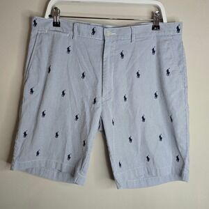 Polo Ralph Lauren Mens 36 Seersucker Multi Pony Logo Shorts Blue White Striped
